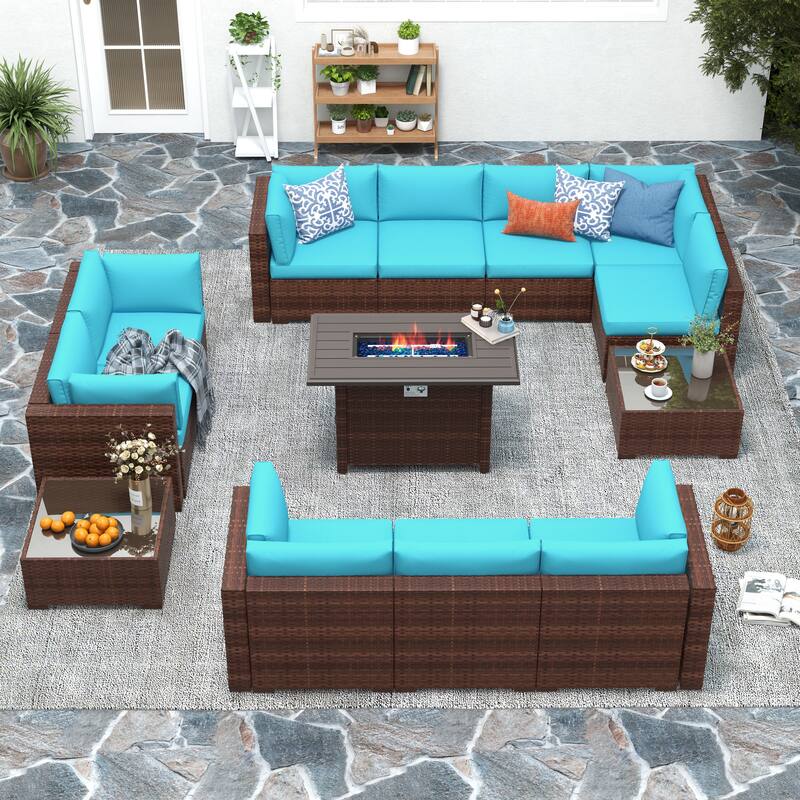13 Piece Wicker Set Patio Sofa Furniture with Fire Pit And Table - Brown/Blue