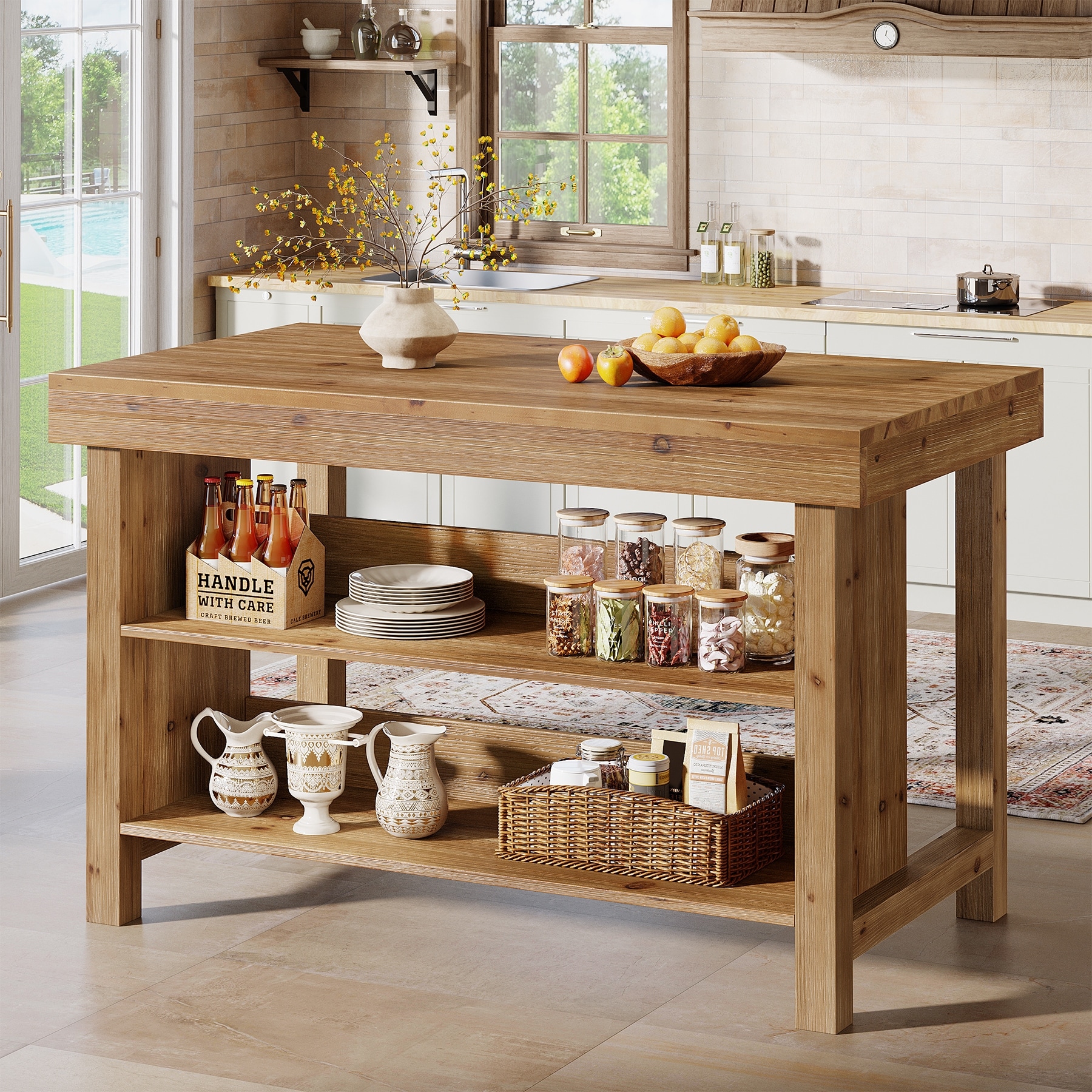 Solid Wood Kitchen Island, Open Storage Counter Height Table, Kitchen Dining/Living Room Coffee Bar Accent Island