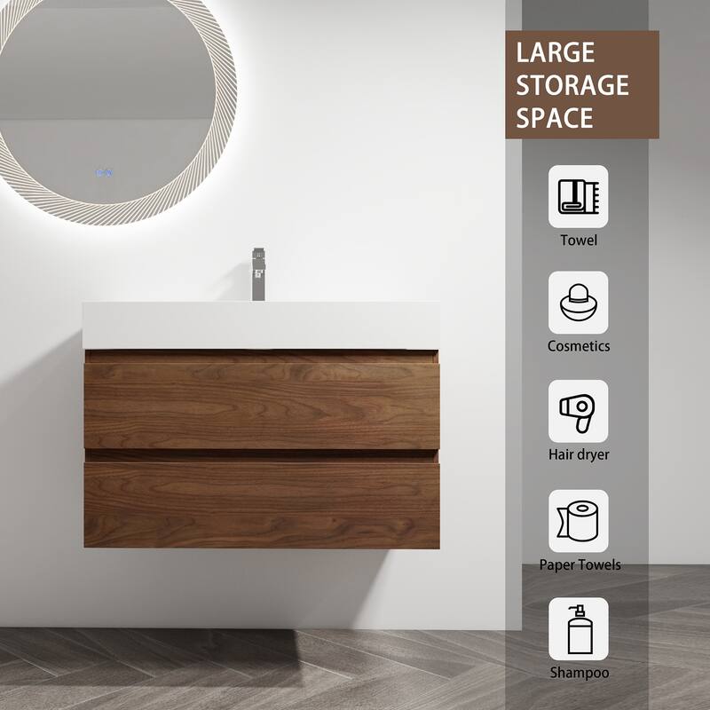 24/30/36 Single Sink Wall-Mounted Bathroom Vanity with Integrated Thick Edge Resin Sink