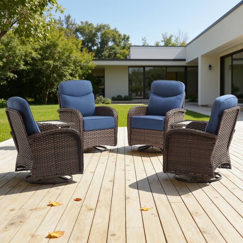 Meyreso 6-Piece Wicker Patio Swivel Glider Chairs with 6-Inch Thick Cushions and Side Table - Brown Wicker - Navy Blue Cushions