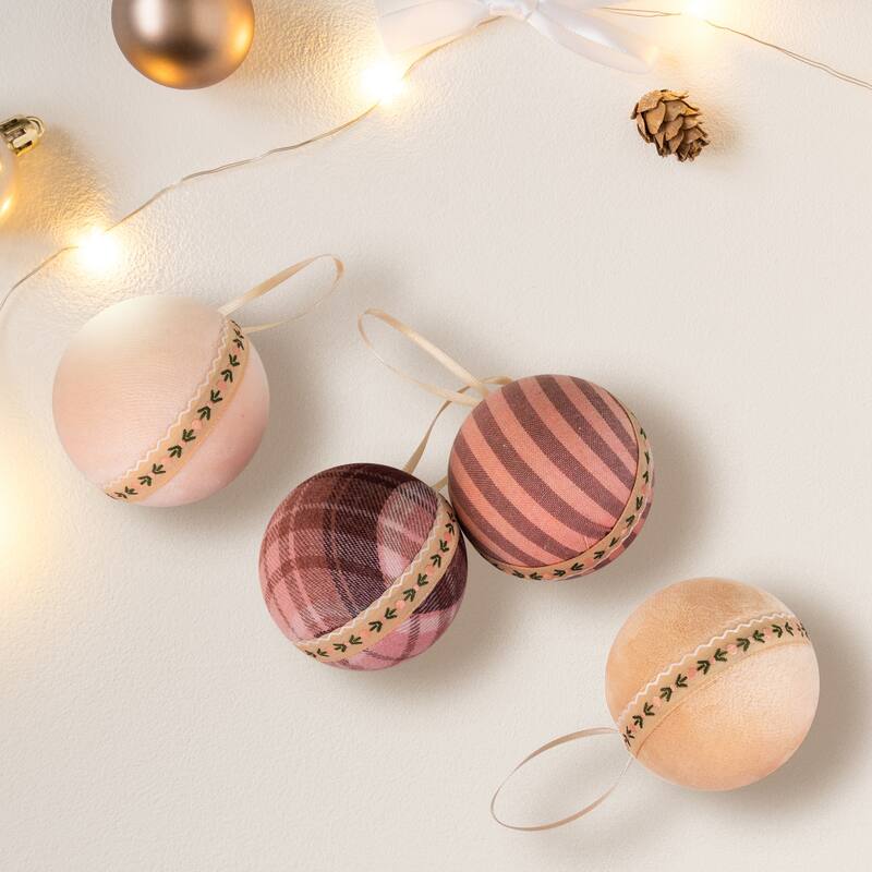 Plaid and Striped Christmas Ball Ornaments - 2.75" Set of 4. - 2.75".