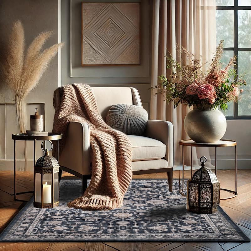 Bibb Home Washable Flannel Printed Area Rug with Latex Back - Midnight Bloom - 3x5 ft - Rectangle