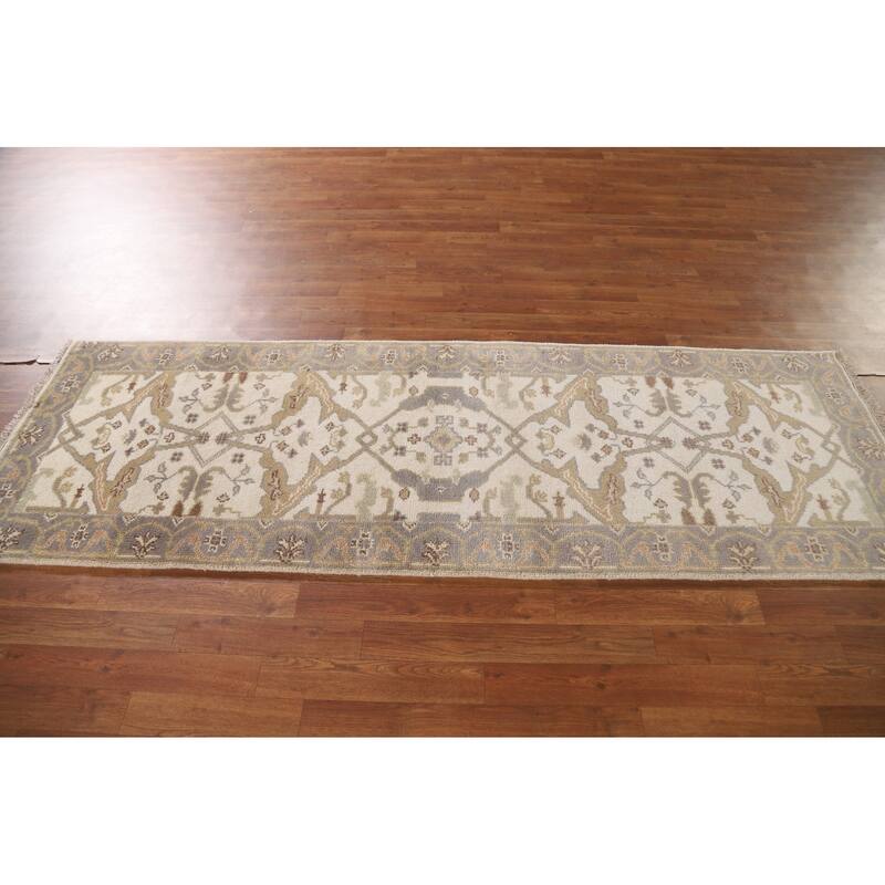 Floral Beige Oushak Oriental Runner Rug Handmade Wool Carpet - 2'7"x 7'10"
