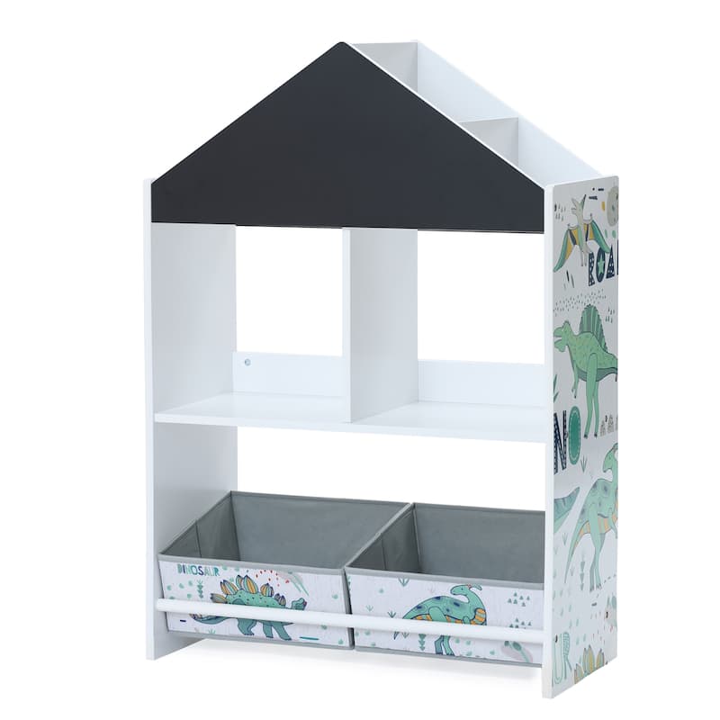 Children's Multi-Functional House Bookcase Toy Storage Bin Floor Cabinet with Blackboard