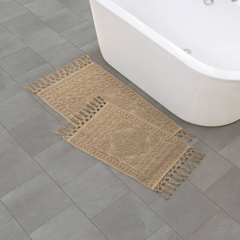 French Connection Nellore Fringe Cotton Bath Rug - 17x24/20x34 - Taupe Gray