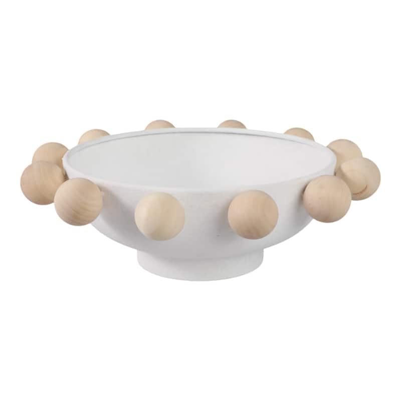 Wood and Metal Decorative Bowl with Fir Sphere Accents Modern Decor - 13" x 13" x 4.25" - White