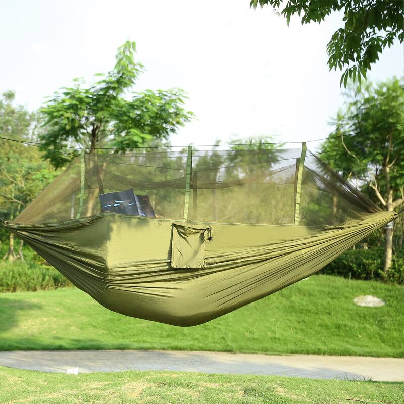 Outdoor Hiking Hammock for 2 Persons with Mosquito Net and Nylon Straps Heavy Duty Steel Carabiners - Green