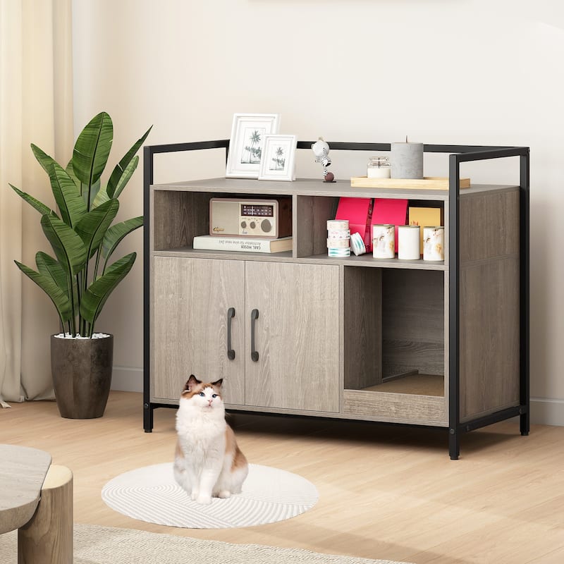 Gymax Cat Litter Box Enclosure w/ Storage Compartments Removable