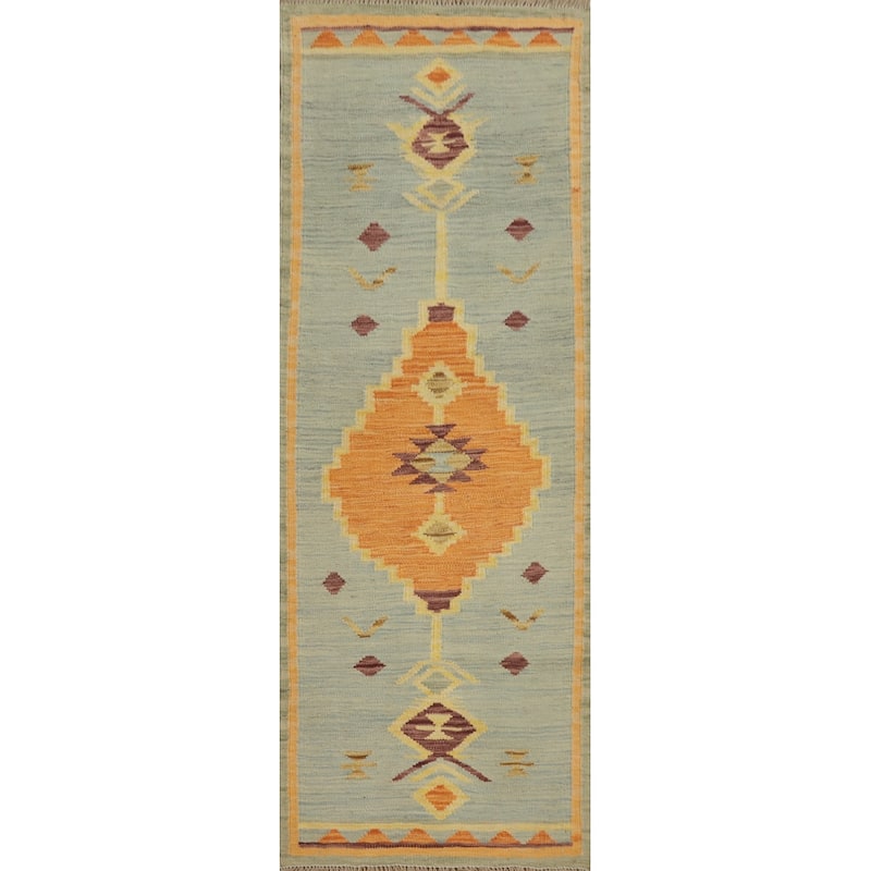 Hand Woven Oriental 100% Wool Carpet Southwestern Tribal Navy Blue & Blues Kilim Runner Rug - 6' 0'' X 2' 0''