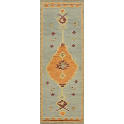Hand Woven Oriental 100% Wool Carpet Southwestern Tribal Navy Blue & Blues Kilim Runner Rug - 6' 0'' X 2' 0''