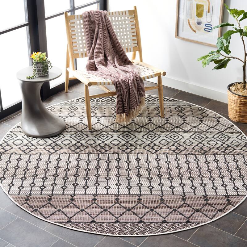 SAFAVIEH Havana Alane Geometric Indoor/ Outdoor Waterproof Rug - 6'7" Round - Light Brown/Black