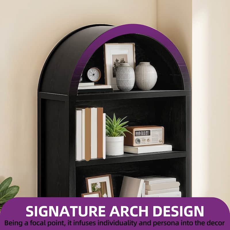 Moasis Modern 5-tier Arched Bookshelf Bookcase with Drawers and Open Doors Storage