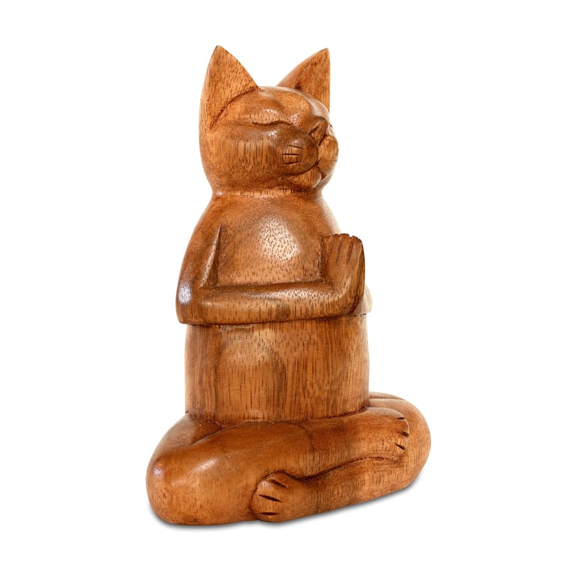 8" Wooden Handmade Hand Carved Yoga Fire Log Pose Cat Sculpture Statue Home Decoretion - 8" tall x 4" wide x 3" deep