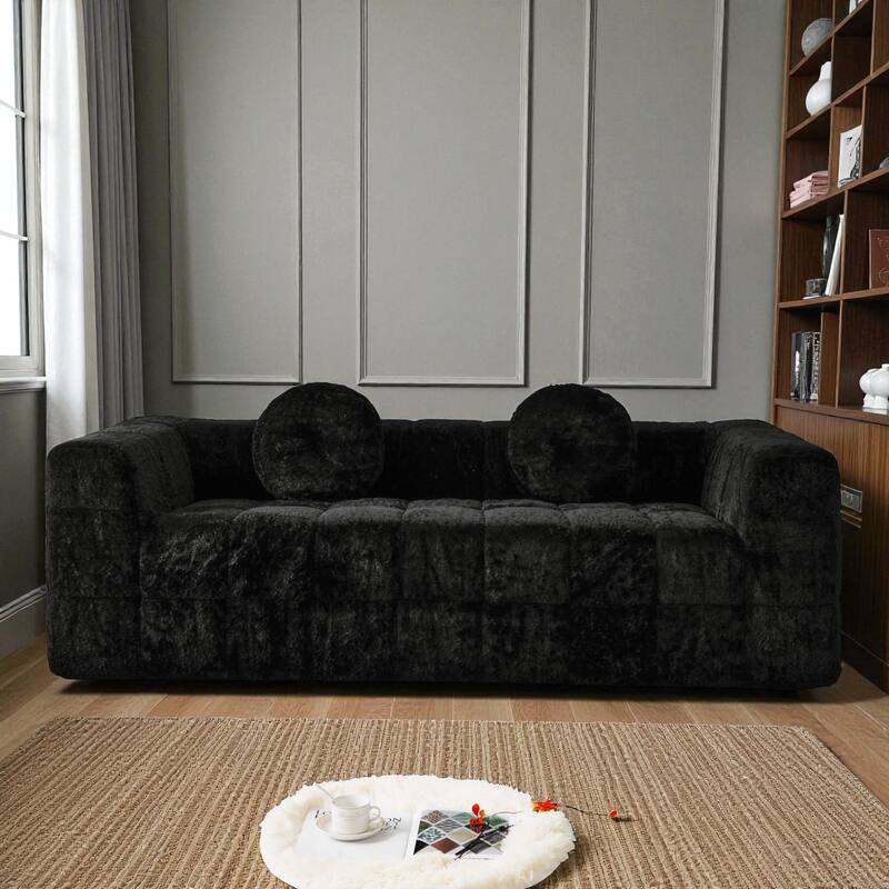 84.6" Modern Boneless Cloud Sofa, Lychee-Textured Long-Pile Polyester 3-Seater Couch with Checkered Design and Round Pillows