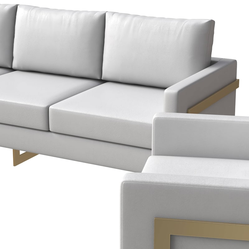3-Piece Leather Sofa Set with Gold Stainless Steel Base and Removable Cushions