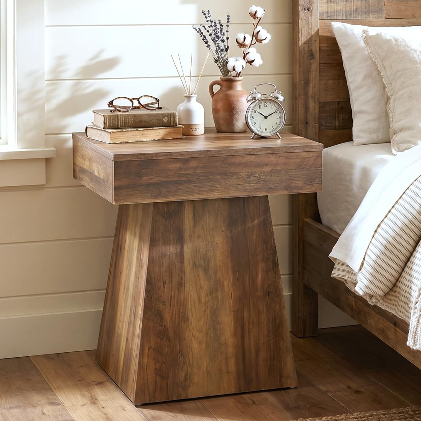 Square Bedside Table, Rustic End Table for Bedroom, Living Room, Brown