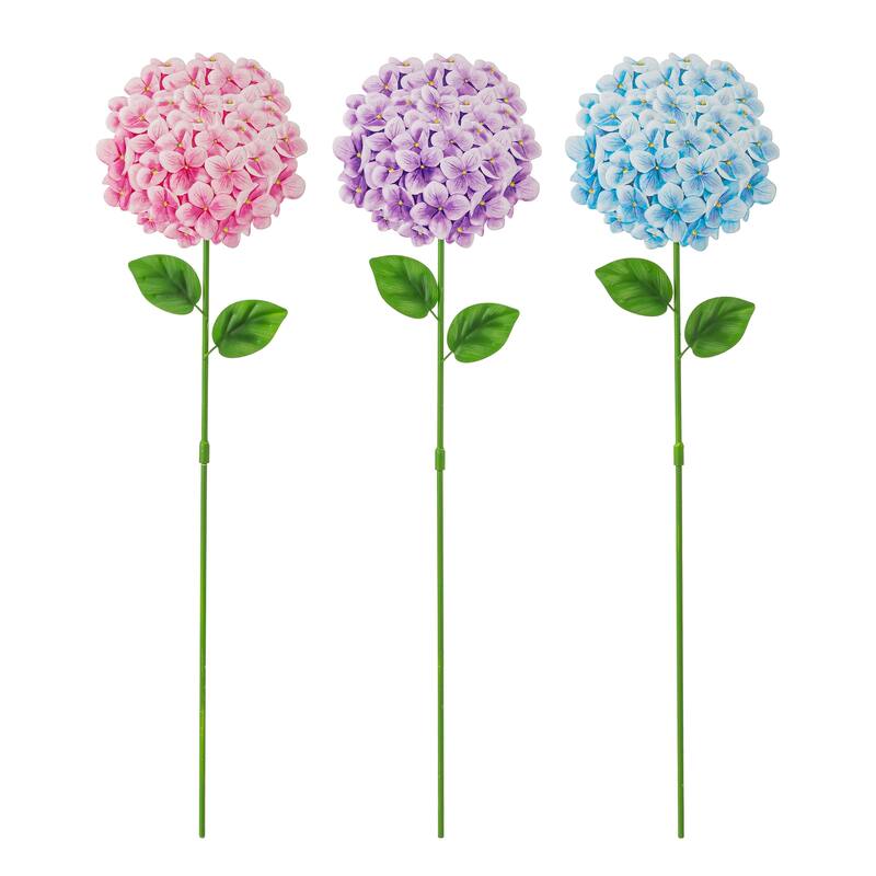 Glitzhome Set of 3 Metal Dimensional Flowers Yardstake Hydrangea Pick Wall Decor