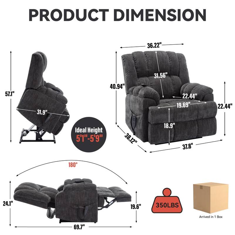 Blue Dual Motor Power Lift Recliner with Heat, Massage, Infinite Recline, and 350 lb Capacity for Elderly