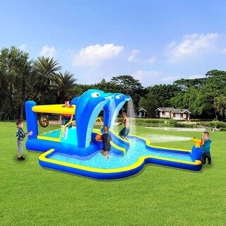 6 In1 Inflatable Slide Water Park Trampoline Bouncing House Garden Dolphin Sprinkler & Target Games & Water Gun & Basketball