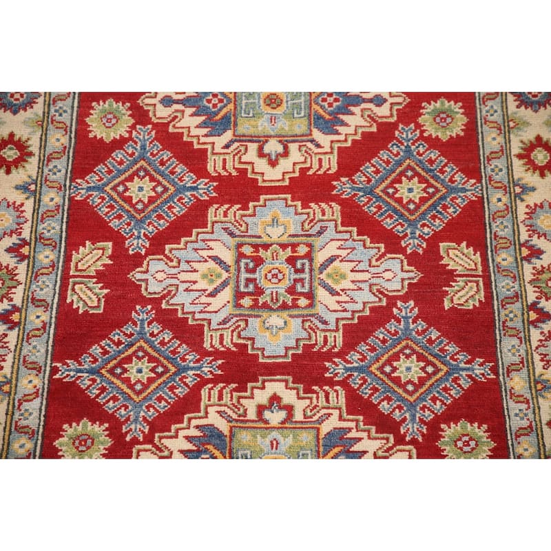 Red Geometric Kazak Oriental Accent Rug Handmade Wool Carpet - 3'6"x 4'9"