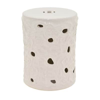 Bella 20 Inch Plant Stand Table, Pierced Pattern, Cylindrical White Ceramic
