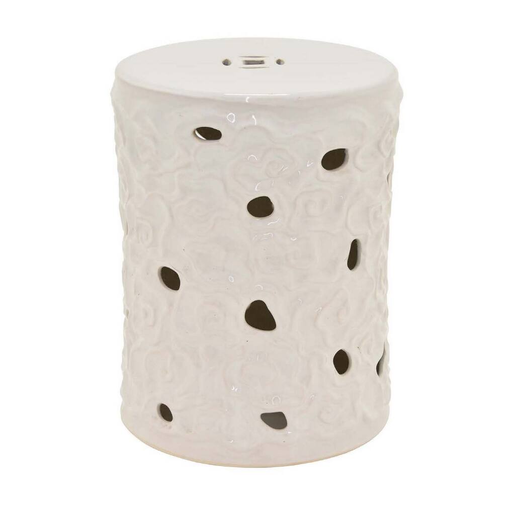 Bella 20 Inch Plant Stand Table, Pierced Pattern, Cylindrical White Ceramic