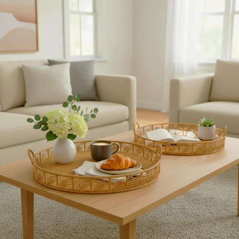 Bamboo Wood Round Handled Serving Trays Set of 2 - 24", 30", Brown