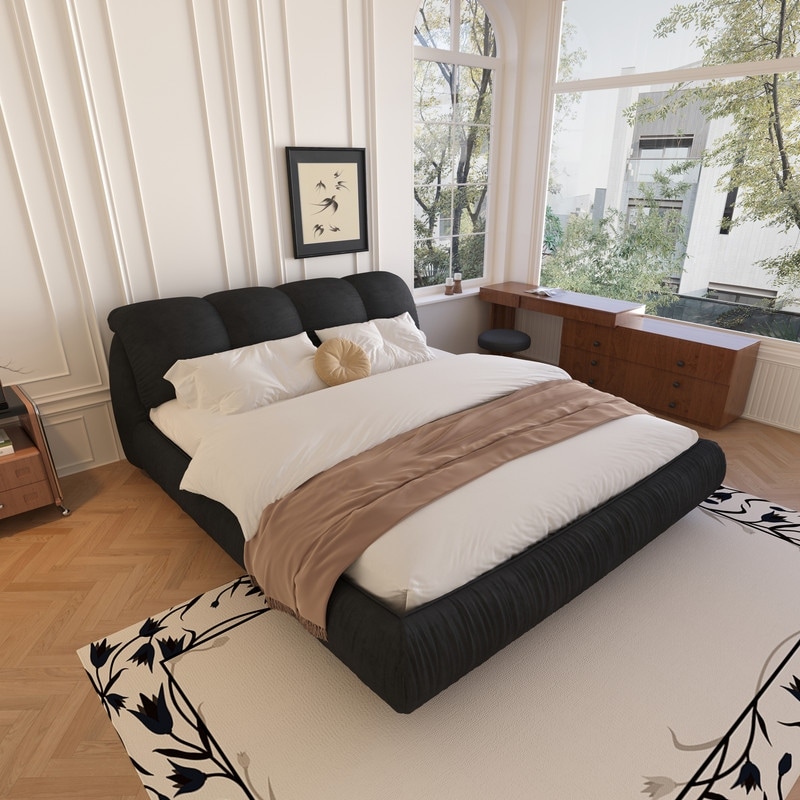 Queen/King Size Upholstered Platform Bed with Oversized Padded Backrest, Modern Bed Frame with Thickening Pinewooden Slats