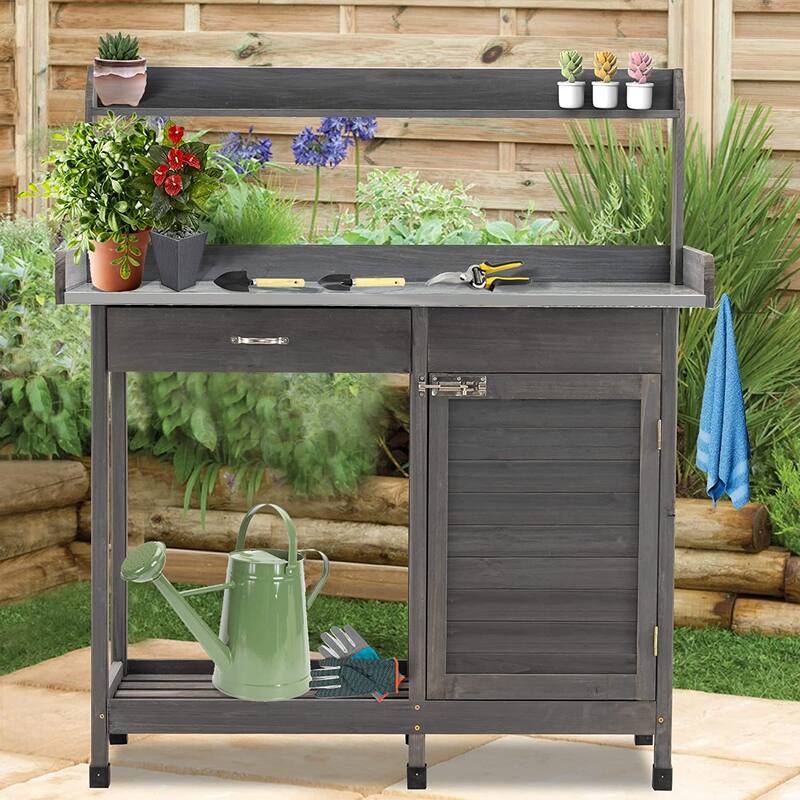 MCombo Potting Bench, Outdoor Garden Wood Potting Table Workstation with Cabinet, Metal Tabletop, Sliding Drawer, Open Shelf - Grey