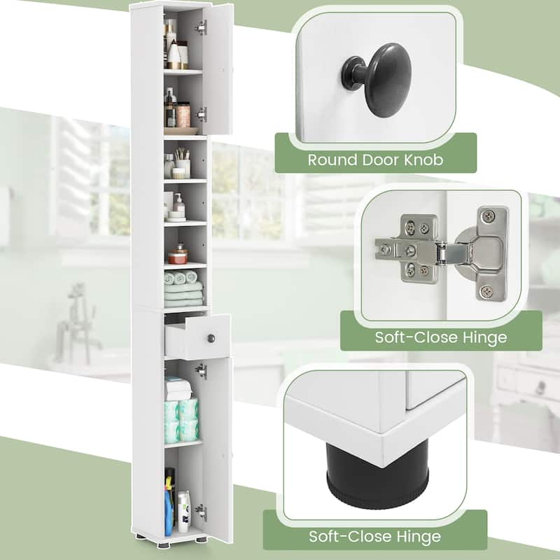 Gymax Tall Slim Bathroom Storage Cabinet Linen Tower w/ Drawer &