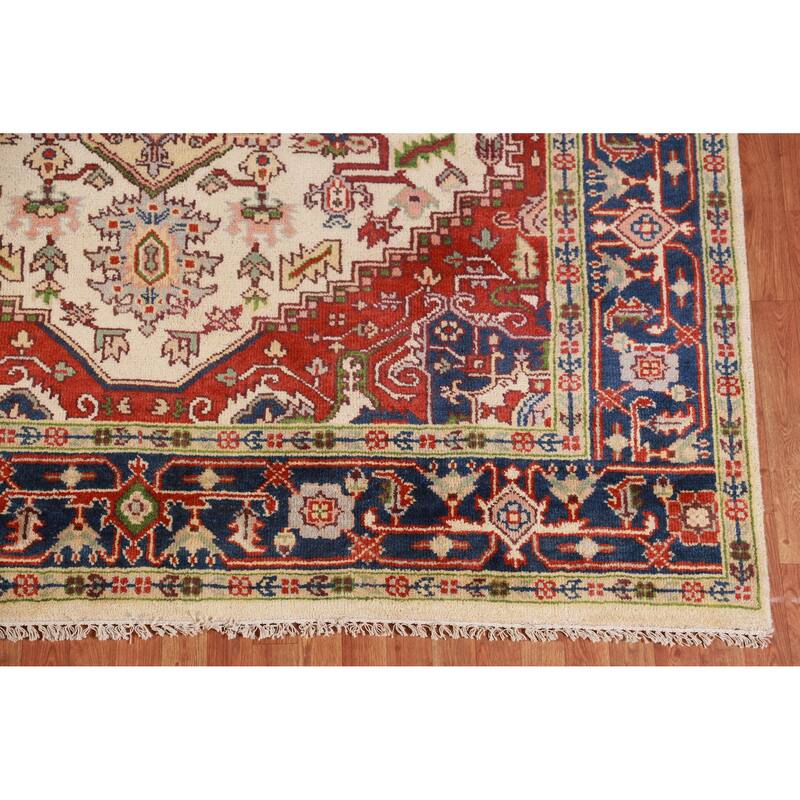 Hand Knotted Oriental 100% Wool Carpet Traditional Medallion Beige & Ivories Heriz (serapi) Area Rug - 9' 10'' X 7' 11''