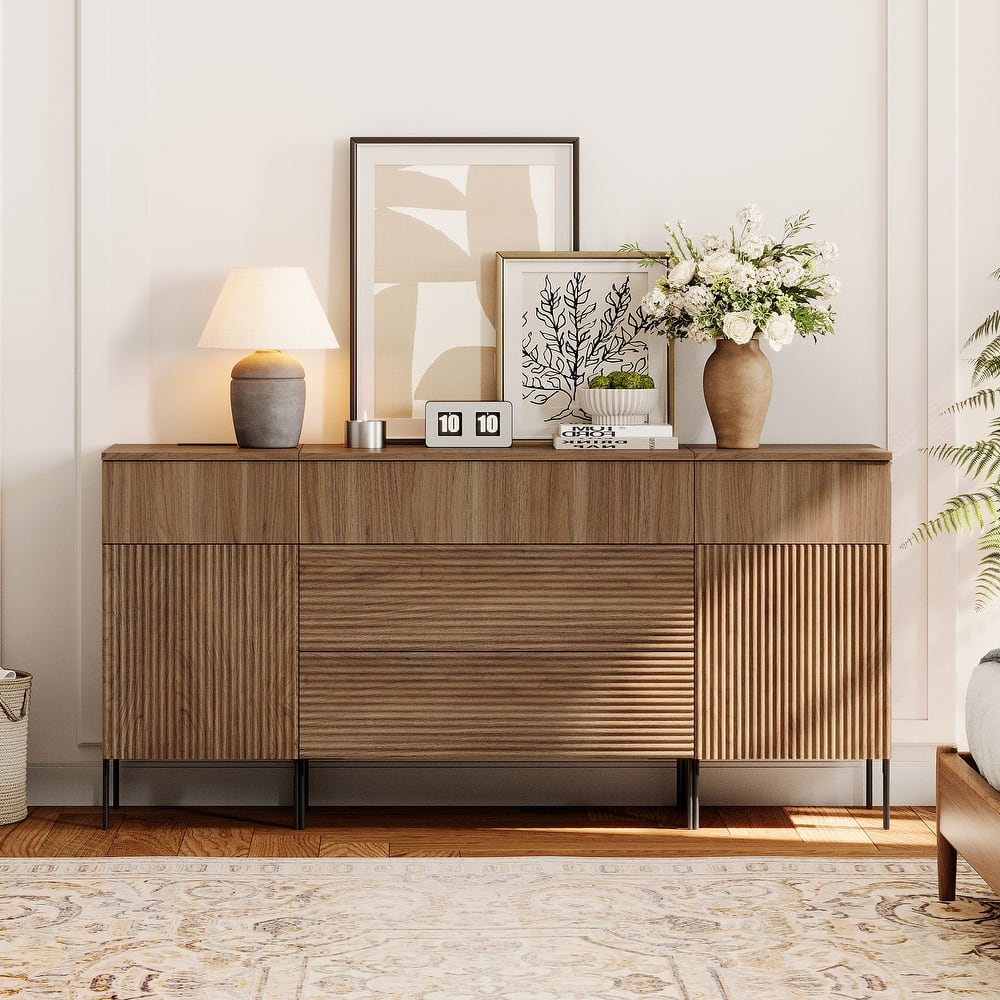 63" Modern Wood 5-Drawer Dresser With Reeded Design, Minimalist Dresser Organizer Storage