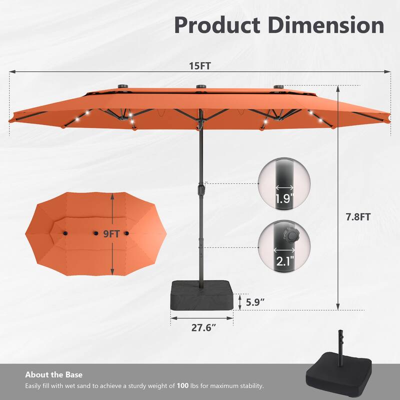 MAISON ARTS 15ft 2-Tier Large Patio Umbrella with Solar Lights, Double-Sided Outdoor Market Umbrellas with Base Included