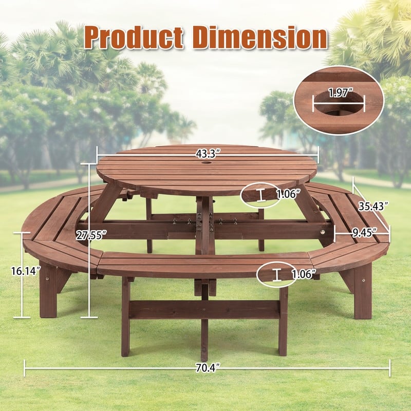 Large Round Wooden Outdoor Dining Table With Built-In Circular Bench – Seats 10-12 People, 500lb Capacity, Walnut Brown Finish.