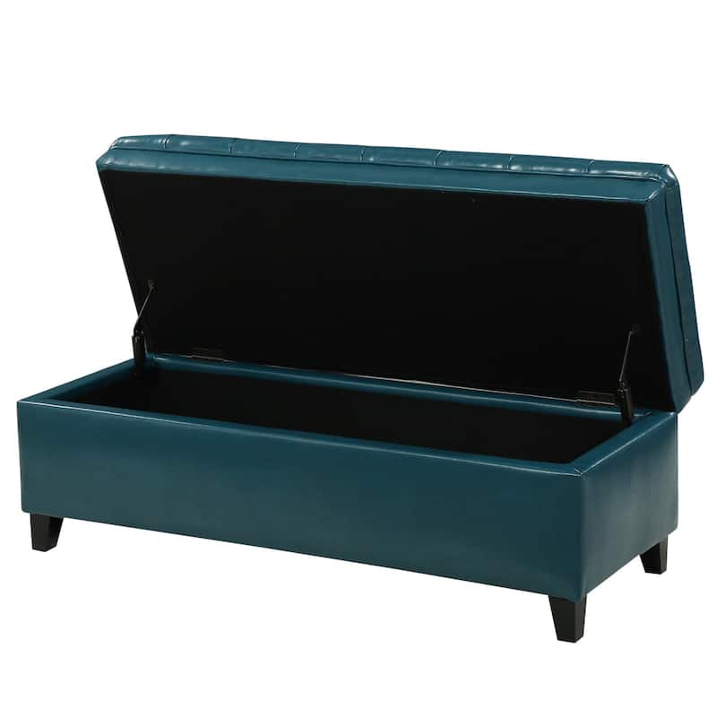 Rhya Storage Ottoman Bench, Teal Blue Faux Leather, Brown Wood 50 Inch