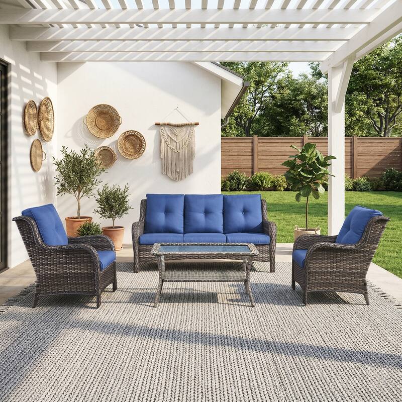 Pocassy Outdoor Patio Wciker Sofa Furniture Set of Chair Table. - Gray Wicker with Blue Cushion - 4-Pieces Patio Sofa Wicker Chair w/ Coffee Table