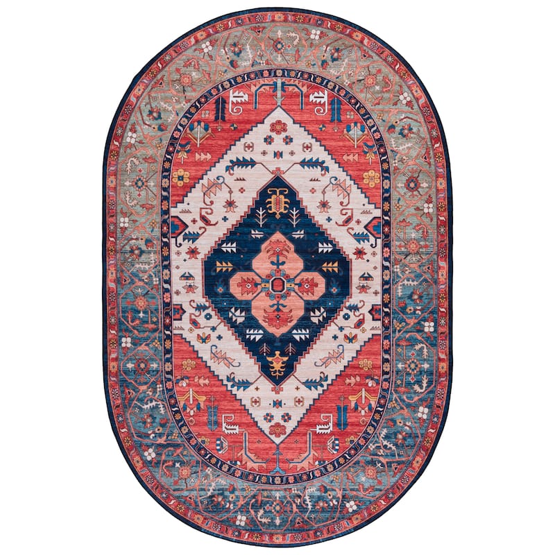 SAFAVIEH Tucson Machine Washable Slip Resistant Ozden Traditional Rug - 5' x 8' Oval - Rust/Blue