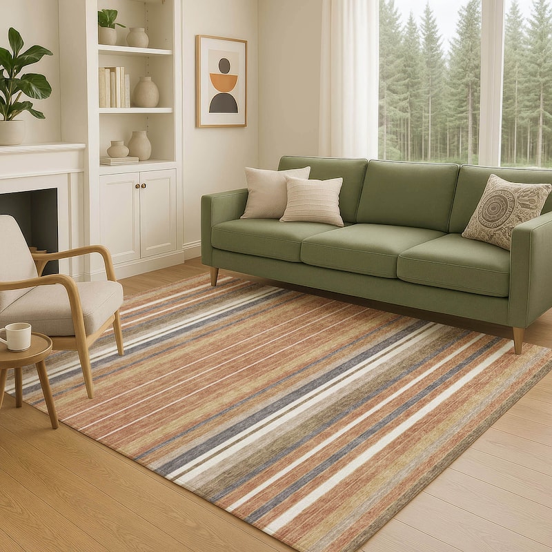 Machine Washable Indoor/ Outdoor Modern Stripes Chantille Rug