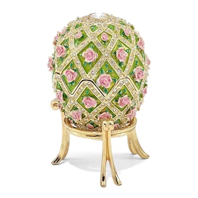 Curata Pewter Crystals Gold-Tone Enameled Rose Garden Floral (Plays Memory) Musical Egg - 2.5" x 4"