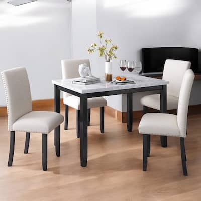 5-Piece Dining Set with Faux Marble Tabletop and 4 Upholstered Chairs, Solid Wood Frame Kitchen Table Set for Dining Room