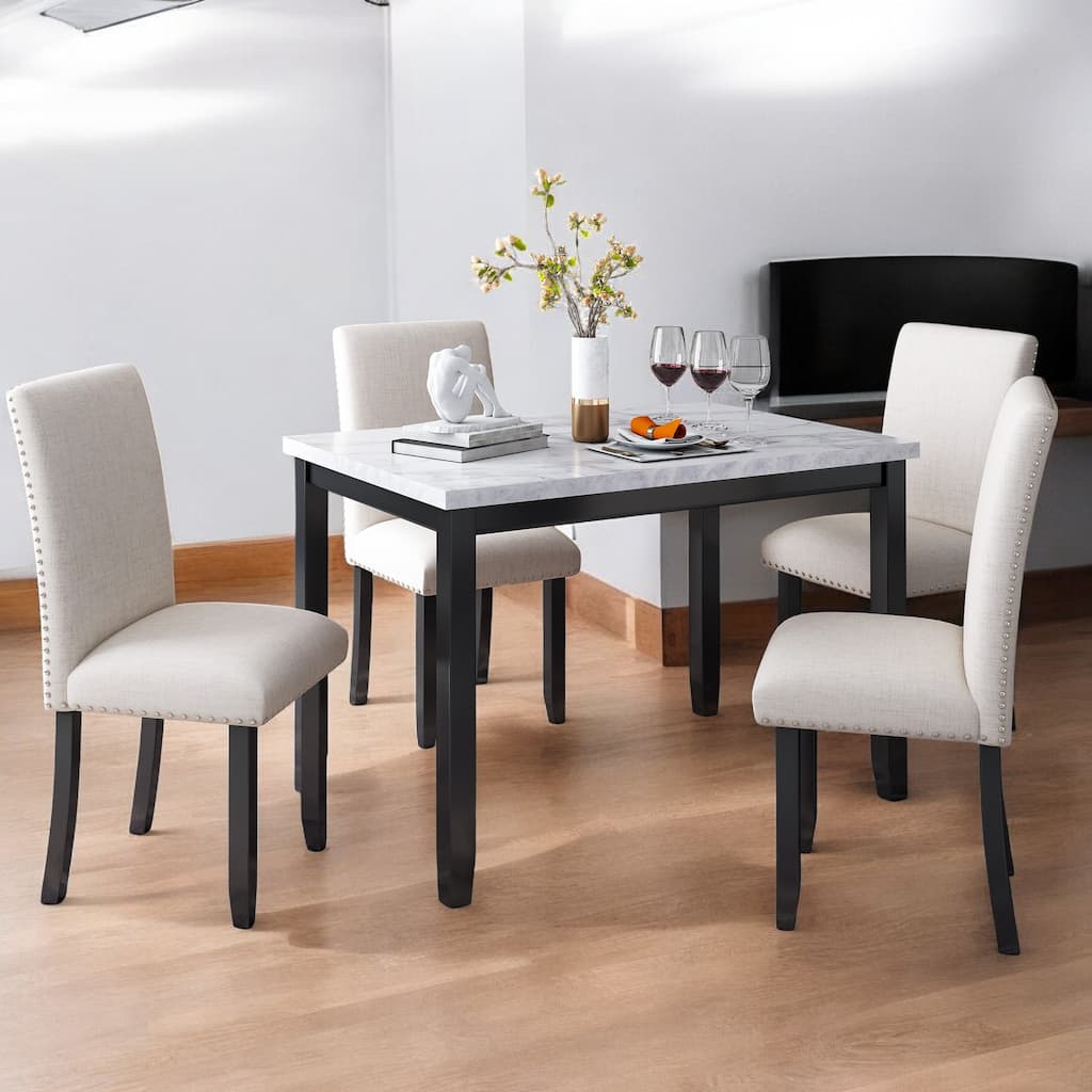 5-Piece Dining Set with Faux Marble Tabletop and 4 Upholstered Chairs, Solid Wood Frame Kitchen Table Set for Dining Room
