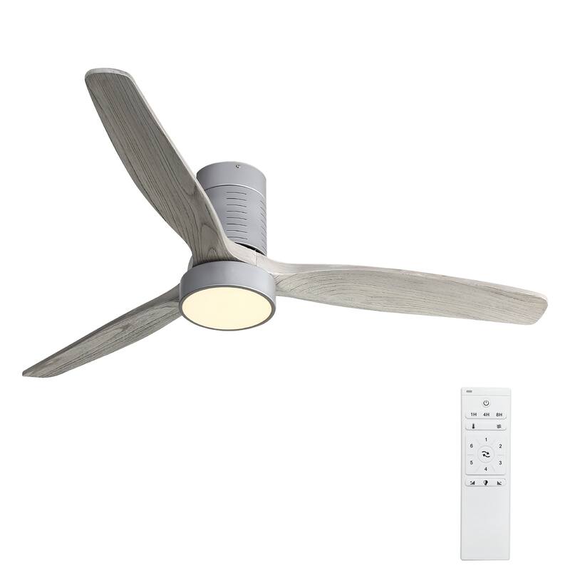 52 Inch 18W LED Ceiling Fan With Dimmable 6 Speed Remote Silver 3 Solid Wood Blade Reversible DC Motor For Living Room - Silver