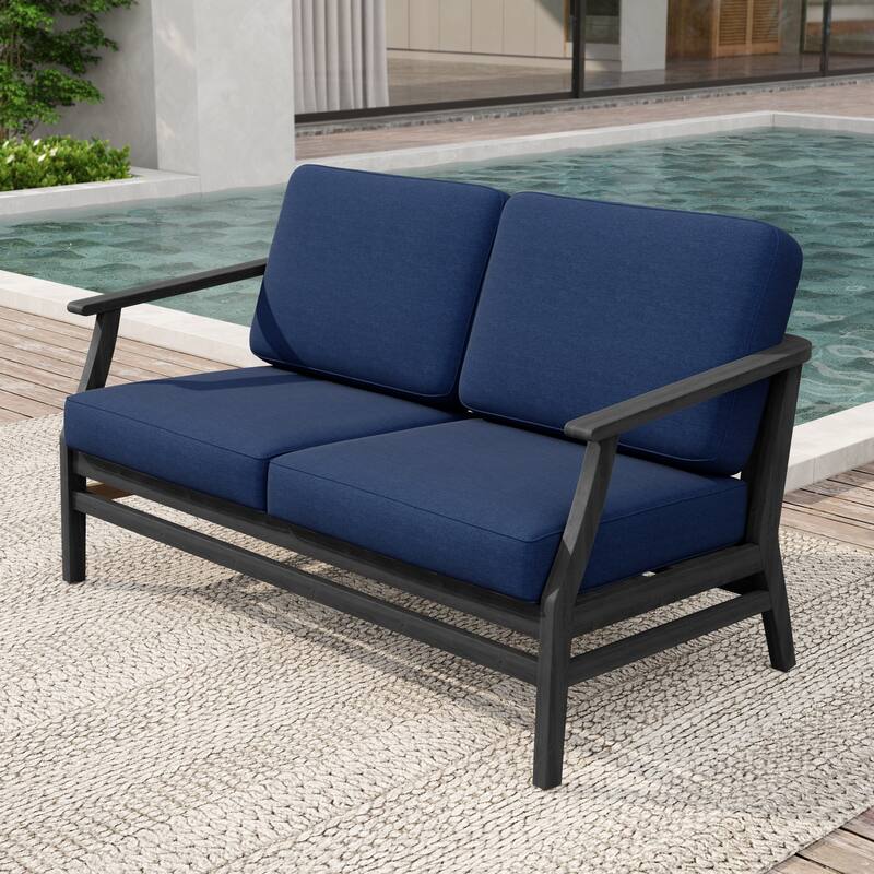 Patio Teak Wood Outdoor Loveseat Sofa with Cushions - Dark Wood - Navy