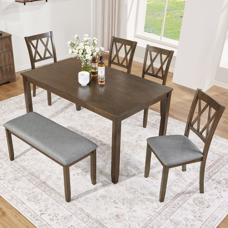 Farmhouse 6 Piece Wooden Kitchen Table Set with 4 X Backrest Upholstered Chairs & Bench, Table and Chairs w/Non-Slip Feetmats - Walnut+Brown