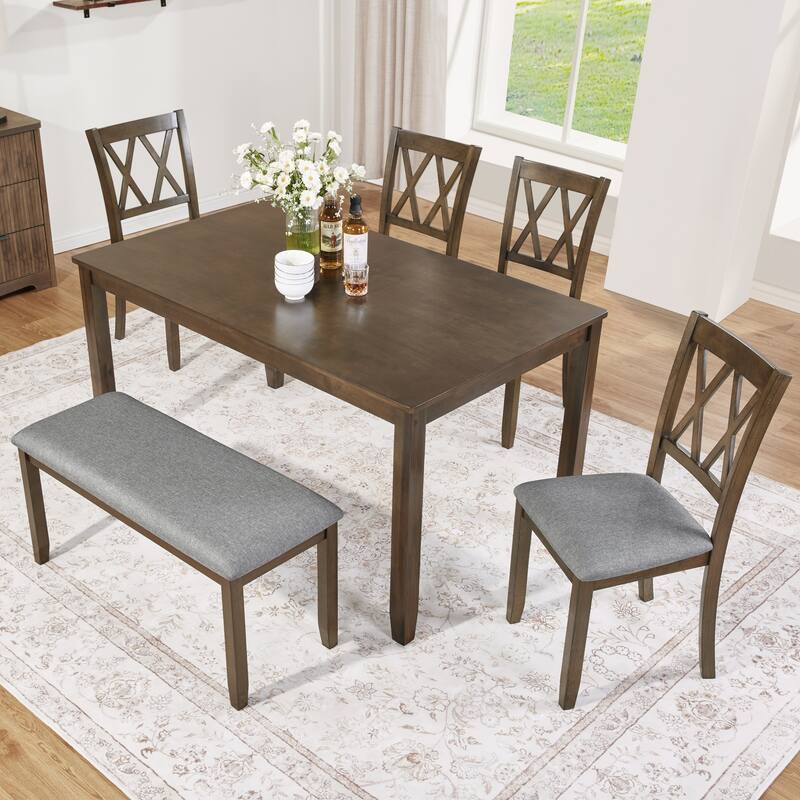 Modern Dining Table Set with 4 Chairs and 1 Bench, for Living Rooms Kitchens Dining Rooms, Walnut Wood Color, 6-Piece Set