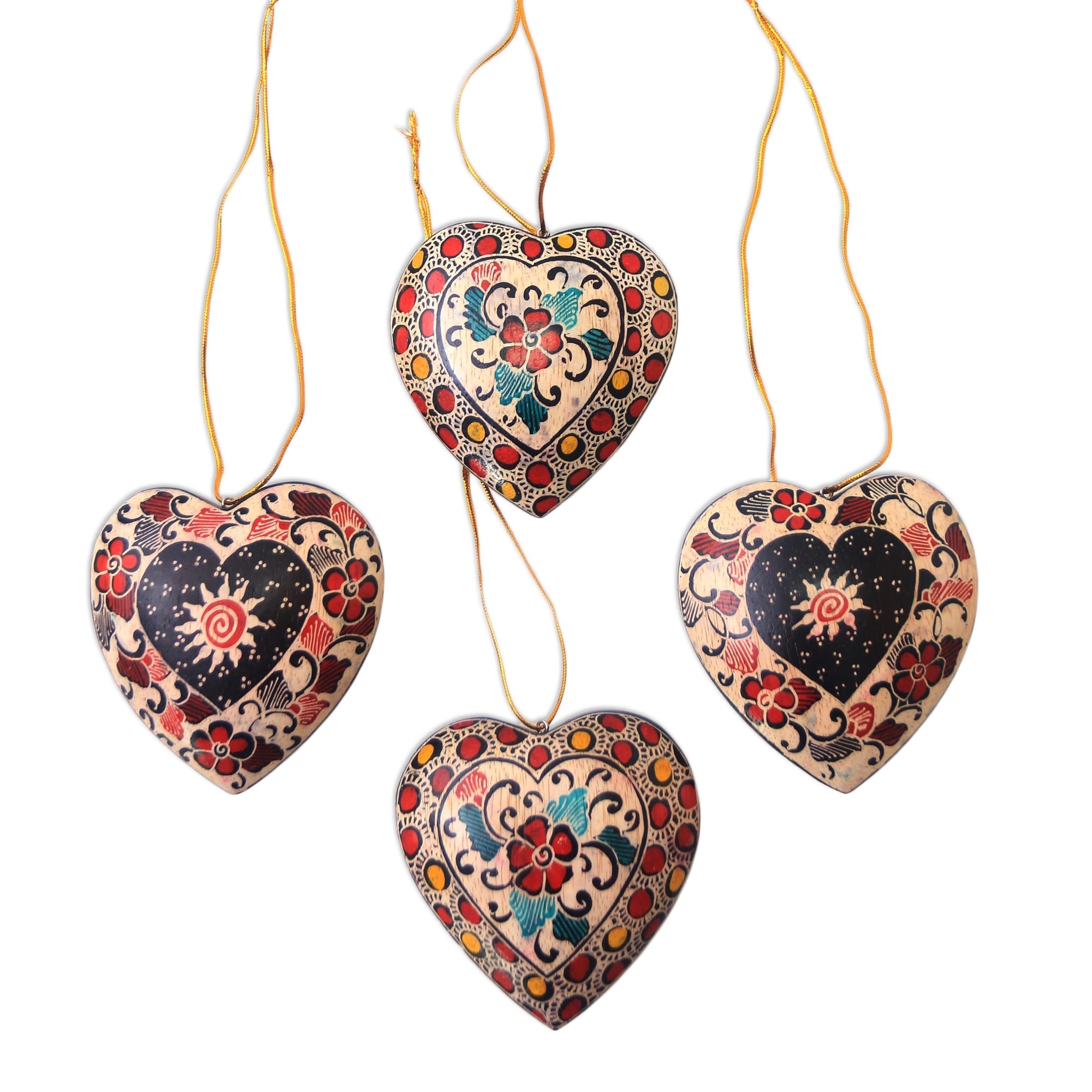NOVICA Traditional Hearts Traditional Batik Wood Heart Ornaments from Java  (Set of 4)