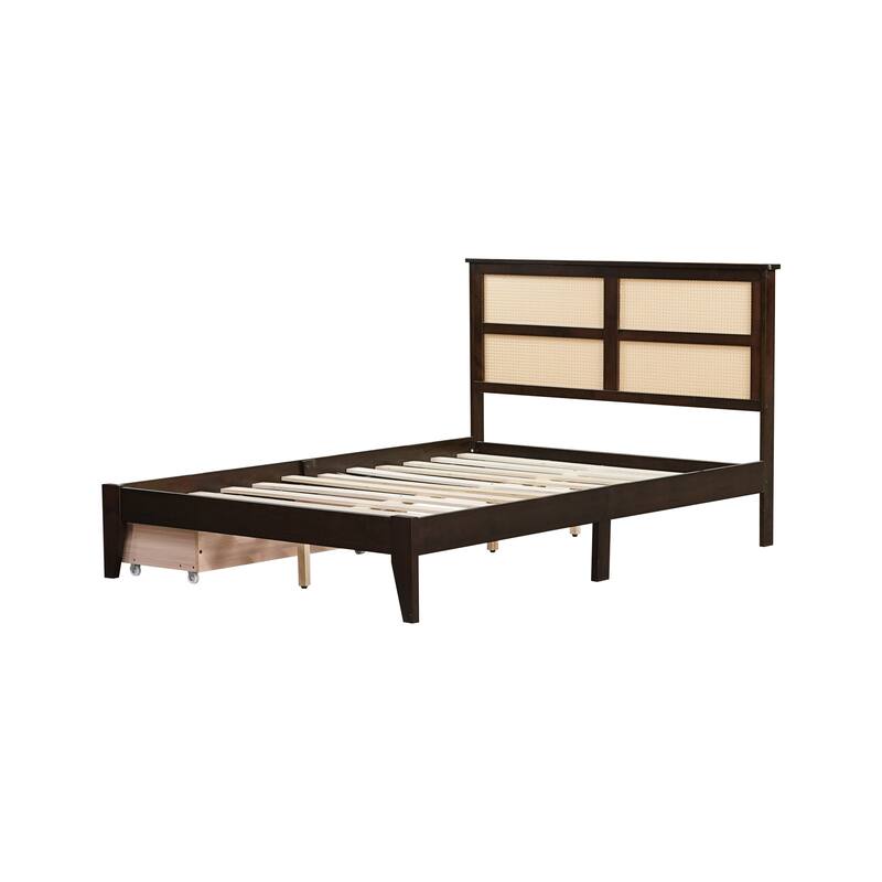 Full Size Bed with Rattan Headboard and Two Drawers