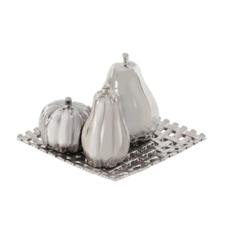 Ceramic Fruit Pear, Pumpkin, and Squash Decorative Sculpture with Decorative Plate - Set of 4 Gold or Silver - Roche River Decor