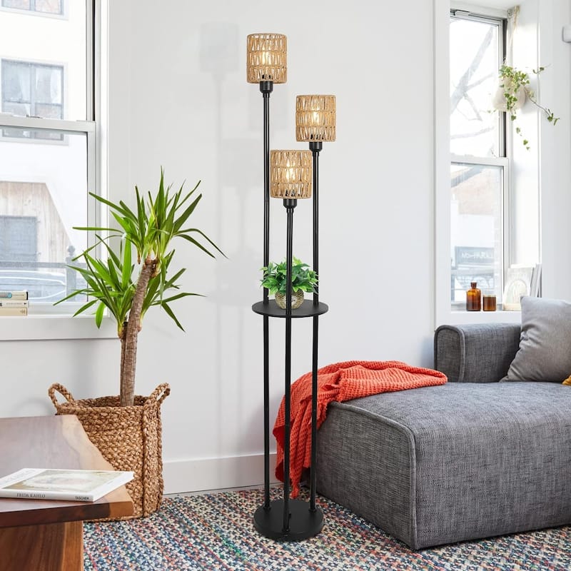 Floor Lamp with Shelves, 3-Lights Farmhouse Tall Floor Lamp with ON/OFF Foot Switch, Rustic Standing Lamp with Rattan Shades