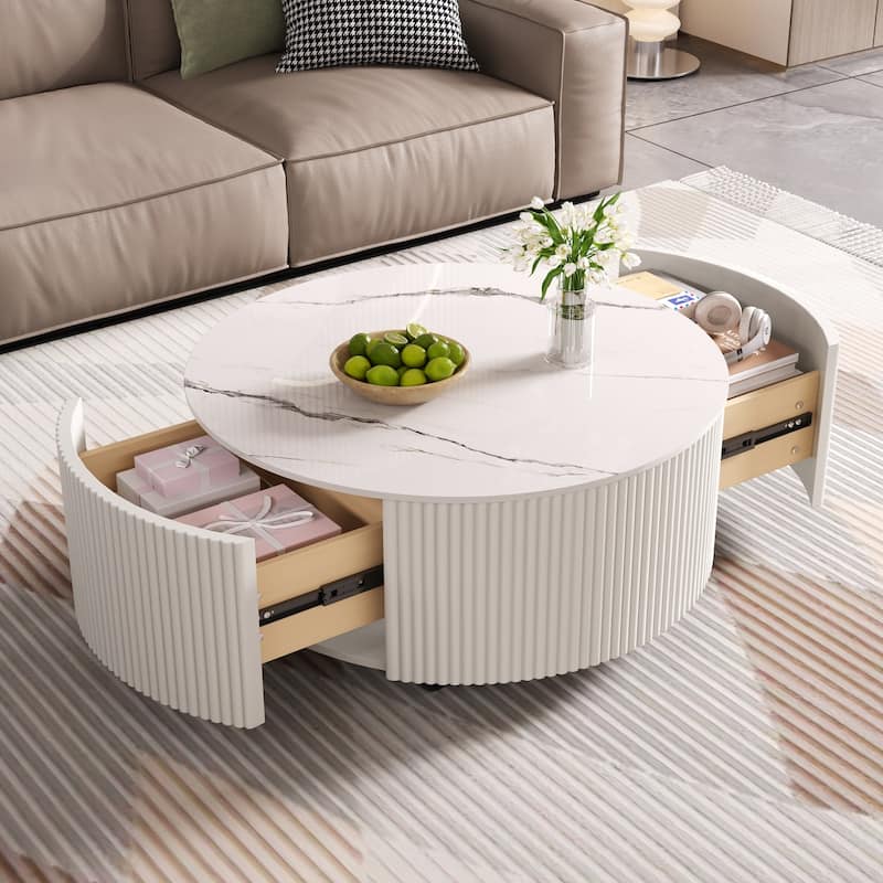 Modern Round Coffee Table with Casters, 2-Drawer Mobile Table with Marble Pattern Sintered Stone Top